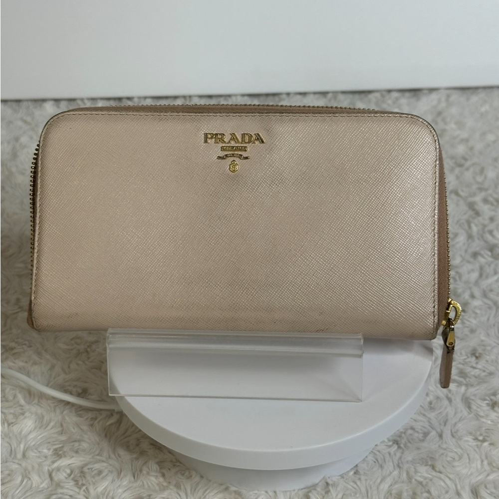 Prada Logo Saffiano Zip Around Wallet